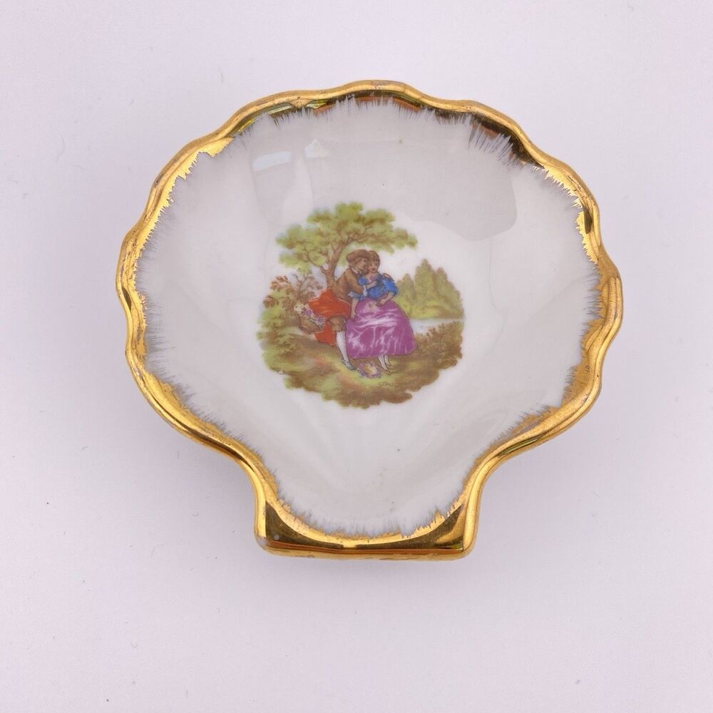 Limoges France Miniature Sea Shell Candy Trinket Dish with Gold Trim Romance